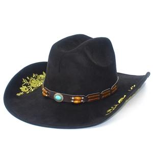 Black western cowboy hat with golden floral embroidery and beaded leather trim headband