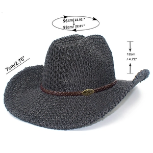Detailansicht der Cowboy-Strohhutmaße mit Stierkopf-Metall-Logo und geflochtenem Band