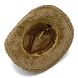 Detail of adjustable inner drawstring and lining on a brown plush fedora winter hat
