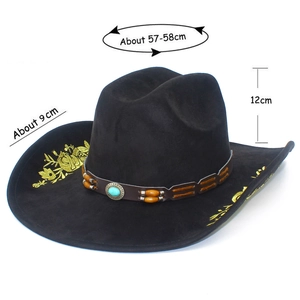 Detail of western cowboy hat with golden floral embroidery and turquoise leather band