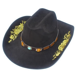 Western Cowboy Hat Embroidered Suede Fedora With Leather Band Turquoise Bead Wide Brim Retro Ethnic Style Sun Hat For Women Men