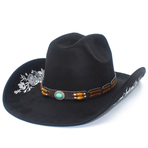 Black western cowboy hat with floral embroidery, leather band and turquoise stone decor