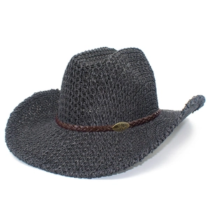 Dunkelgrauer Stroh-Cowboyhut mit braunem Lederband und Bullen-Metallschnalle im Vintage-Stil