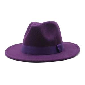 Classic dark purple wide brim fedora hat with matching ribbon for outdoor travel