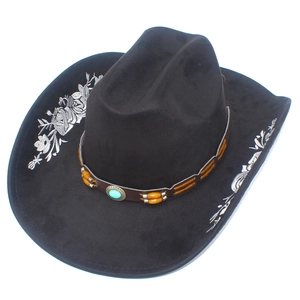 Western style black suede cowboy hat featuring floral embroidery and turquoise beaded band