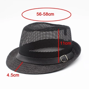 Detail showing dimensions of breathable black mesh fedora hat with a golden buckle