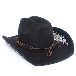 Close-up of intricate silver floral embroidery on a black suede western cowboy hat