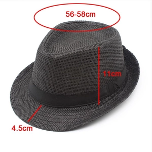 Detail of black woven straw hat showing 11cm height and 56-58cm head circumference