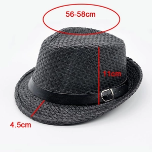 Detailed size chart of black straw fedora showing 56-58cm head circumference and 11cm height