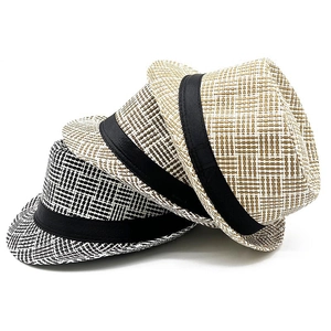 Classic straw fedora hats with plaid patterns and black ribbon bands for sun protection