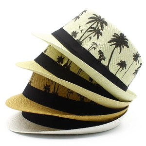 Summer straw fedora hats with coconut tree print and black ribbon in four colors