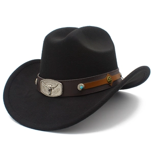 Western Cowboy Hat Vintage Polyester Felt Wide Brim Fedora With Bull Head Buckle Rivets For Men Women Outdoor Sun Hat