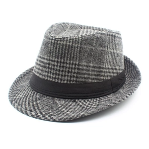 Classic British plaid fedora hat with wool texture and black ribbon band for men and women