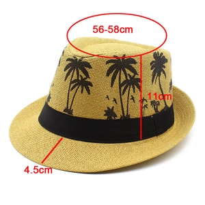 Detail showing the straw jazz hat dimensions with palm tree prints and a black band