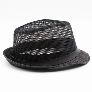 Close-up of the breathable black mesh texture and leather trim on this summer fedora hat