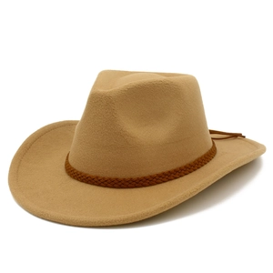 Vintage Western Cowboy Hat For Men Women Wide Brim Felt Fedora Hat With Braided Leather Band Outdoor Travel Sun Hat