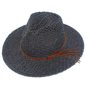 Detailed view of dark grey straw fedora hat featuring a brown woven leather band and tassel