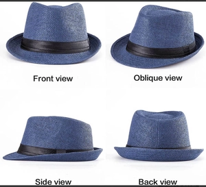 Quattro angolazioni di un cappello fedora intrecciato blu scuro con nastro nero decorativo