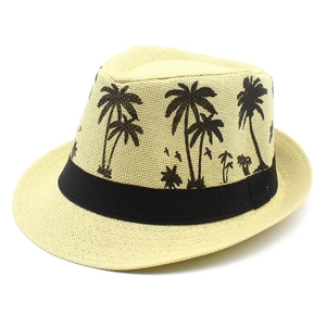Classic straw fedora hat with black coconut tree prints and ribbon for beach sun protection