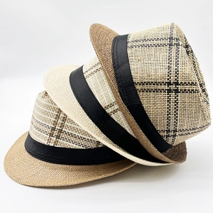 Men's straw fedora hats with striped weave and black ribbon in three classic summer tones