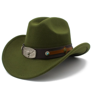 Detail of olive green felt cowboy hat featuring a silver bull head metal emblem and star studs