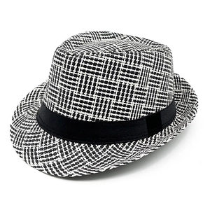 Unisex Summer Paper Straw Fedora Hat Woven Plaid Jazz Hat With Black Ribbon Band Short Brim Sun Hat For Beach Travel