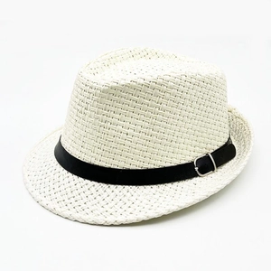 Classic white woven straw fedora hat with black decorative leather belt and silver metal buckle