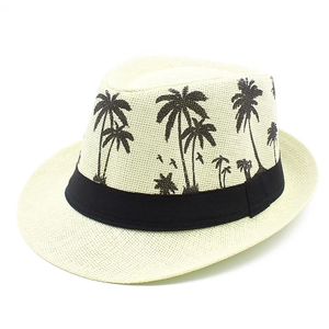 Straw fedora summer sun hat with black ribbon and tropical palm tree bird print pattern