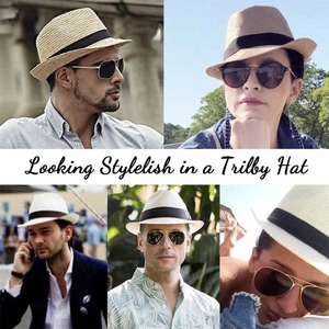 Vari stili di cappelli trilby in paglia retrò indossati da modelli all'aperto in estate