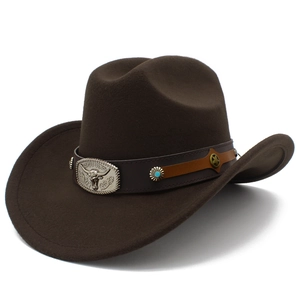 Detailed view of dark brown felt cowboy hat with leather band and metal bull head buckle