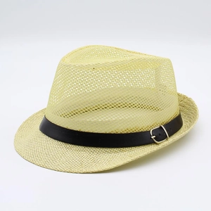 Detail of breathable straw sun hat with mesh weave and black band with silver buckle