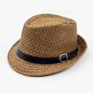 Close-up of the woven texture on this straw fedora with a black faux leather band