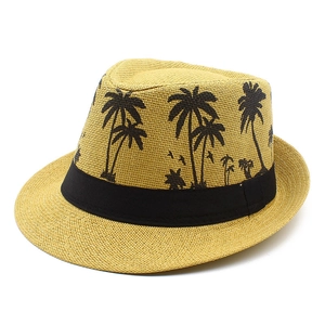Summer Straw Fedora Hat Palm Tree Print Sun Protection Beach Jazz Hat For Men Women Casual Outdoor Travel Vacation