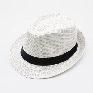 Classic white woven straw fedora hat for men with black ribbon band on a white background