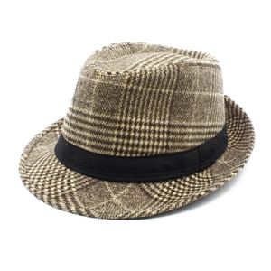 Classic British plaid fedora hat with brown checkered pattern and black ribbon band