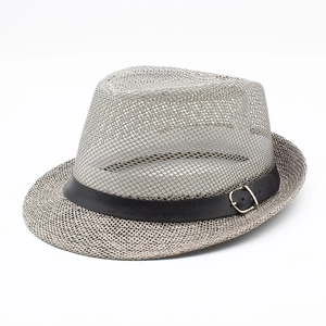 Men's breathable grey mesh fedora straw hat with black leather band and gold buckle