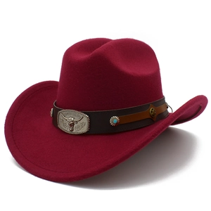 Classic wine red western cowboy hat with vintage bull head buckle and leather band
