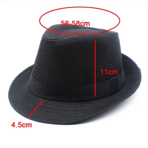 Detailed dimensions of black linen trilby hat showing 56-58cm brim and 11cm height