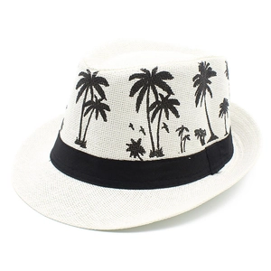 Classic white straw fedora hat with black palm tree prints and a black ribbon band