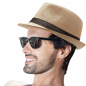 Cappello fedora in paglia classica da uomo color kaki con nastro marrone per spiaggia