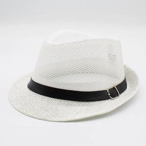 Detail of white mesh fedora hat showing breathable woven texture and black buckled band