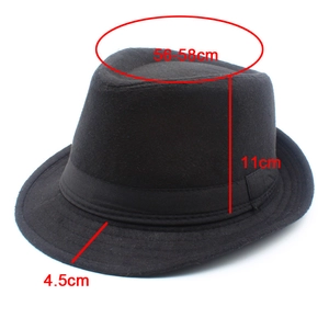 Classic black fedora size guide showing 56-58cm circumference and 11cm height dimensions
