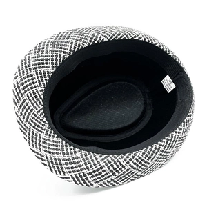 Classic black and white striped woven straw fedora hat with paper fiber texture