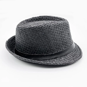 Detailed view of the black woven straw fedora hat featuring classic breathable texture