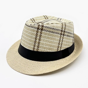 Men's straw fedora hat with striped plaid crown and black ribbon for outdoor sun beach use