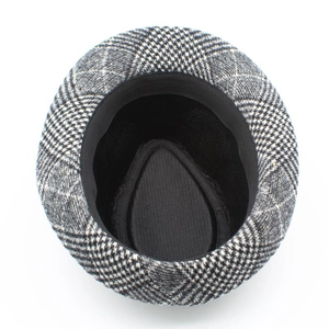 Top view of retro plaid wool fedora hat showing inner lining and sweatband detail