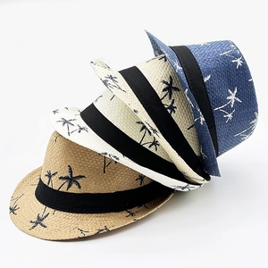 Outdoor straw fedora hats with palm tree prints in multiple colors for summer sun protection