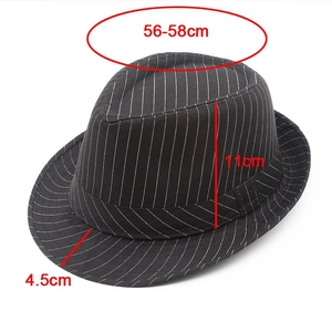 Classic black pinstripe fedora hat detail showing 56-58cm head circumference measurements