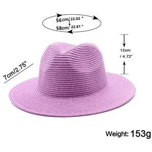 Detailed size specifications for purple straw fedora hat including brim and crown dimensions