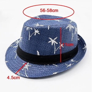 Detail view of navy straw fedora showing 56-58cm head size and 4.5cm brim dimensions